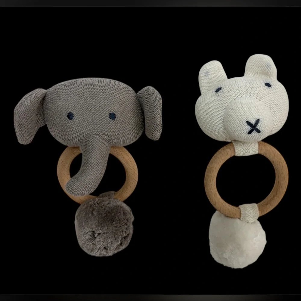 Zestt Organics Teether Rattle Baby Infant Lot 2 Gray Elephant White Bear RARE